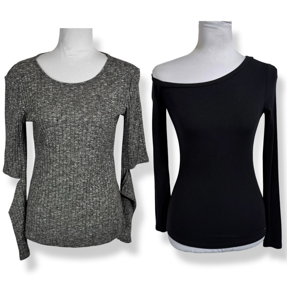 Lot of 2 Ribbed Fitted Long Sleeve Tops XS Y2K Cut Out Asym Off Shoulder Stretch
